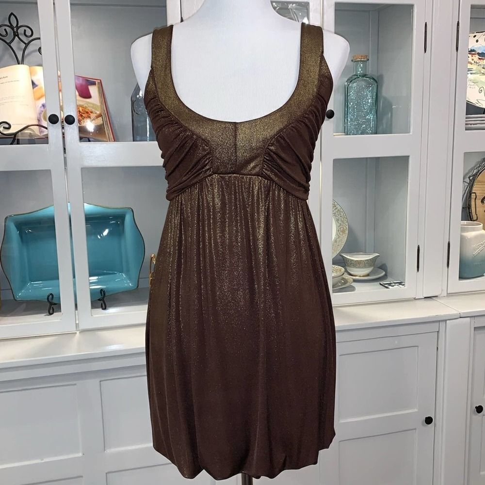 Bebe Bronze Metallic Bubble Hem Cocktail Dress